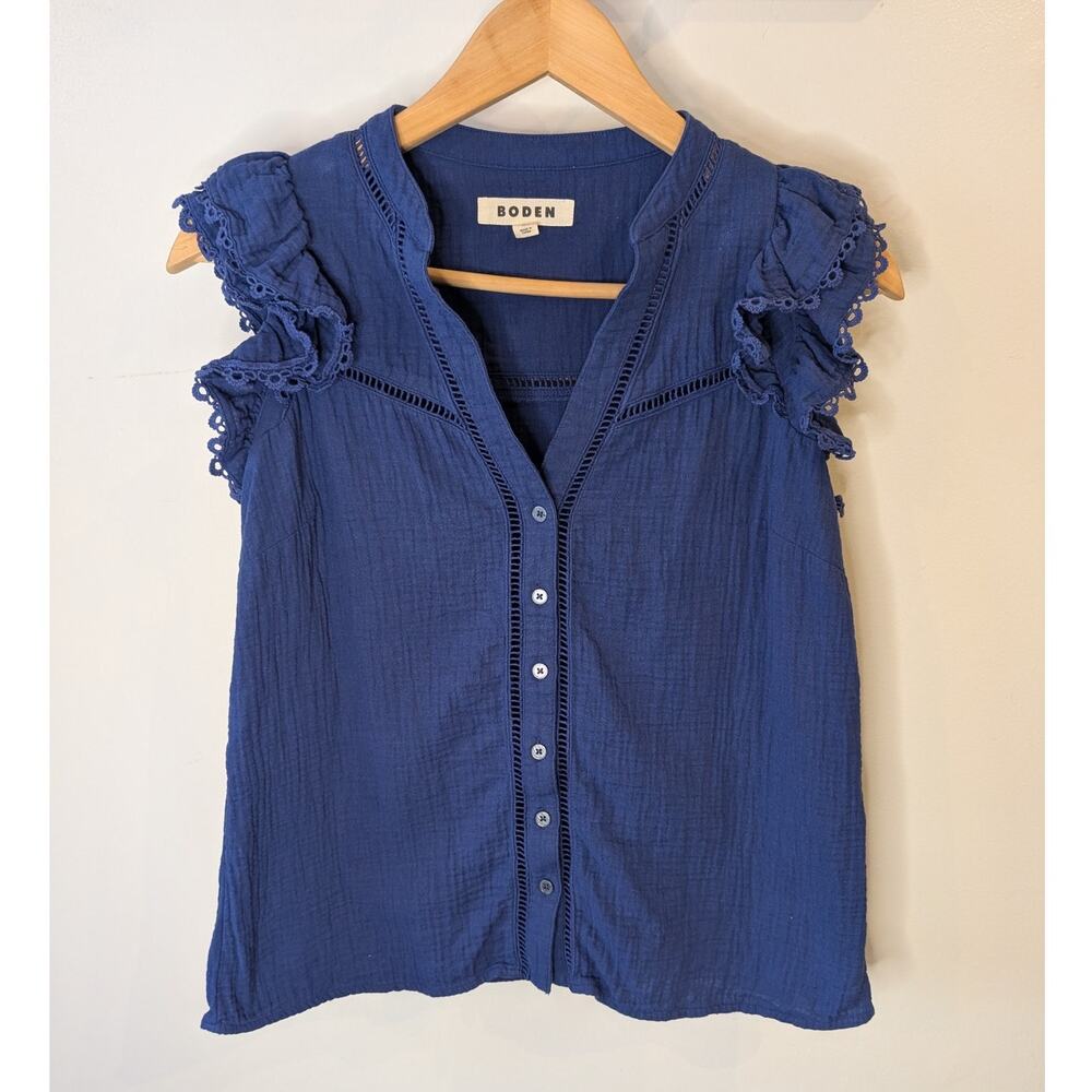 Boden Periwinkle Blue Cotton Gauze Top Ruffle Sleeve Ladder Stitch Size 2 Summer